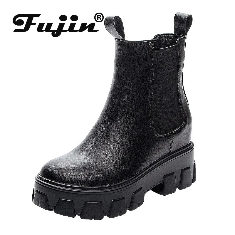 

Fujin 8cm New Quality Genuine Leather Platform Wedge Women's Ankle Boots Snow Ladies Chelsea Warm Fur Winter Plush Fashion Shoes