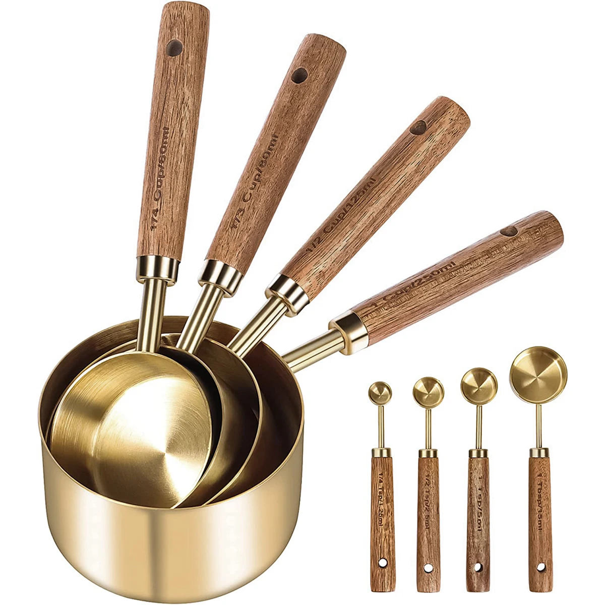 

L 8Pcs Measure Cup and Spoon Set Gold Measuring Cup Spoon Set with Wooden Handle Stainless Steel Stackable Kitchen and Baking