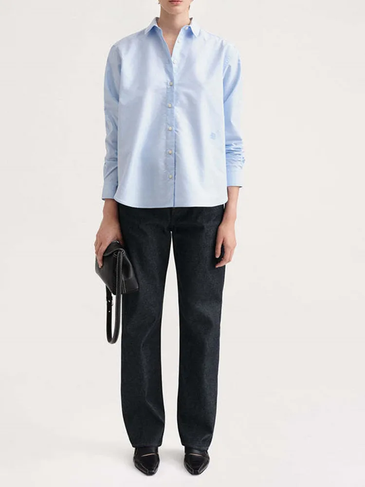 

Women's Blue Shirt Turn-down Collar Embroidery Logo Loose Long Sleeve Single Breasted Female Silhouette Blouse