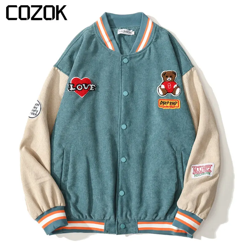 

Preppy Style Vintage Corduroy Mens Varsity Jacket Spring Fashion Bear Embroidery Casual Patchwork Loose Unisex Bomber Jackets