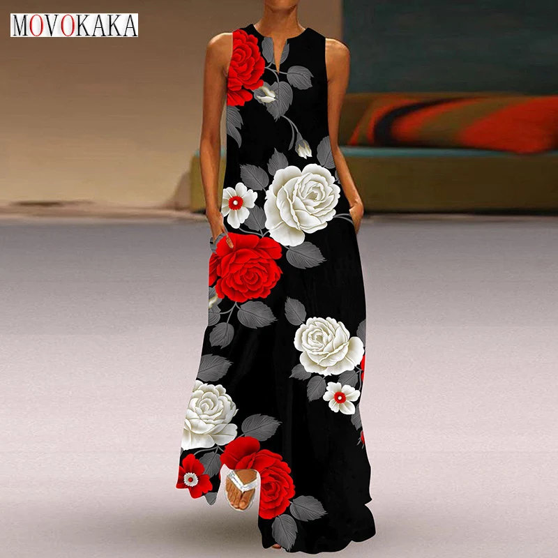 

MOVOKAKA Ladies Spring Summer Black Long Dress Loose Sleeveless V-neck Flowers Print Elegant Dresses Party Boho Beach Maxi Dress