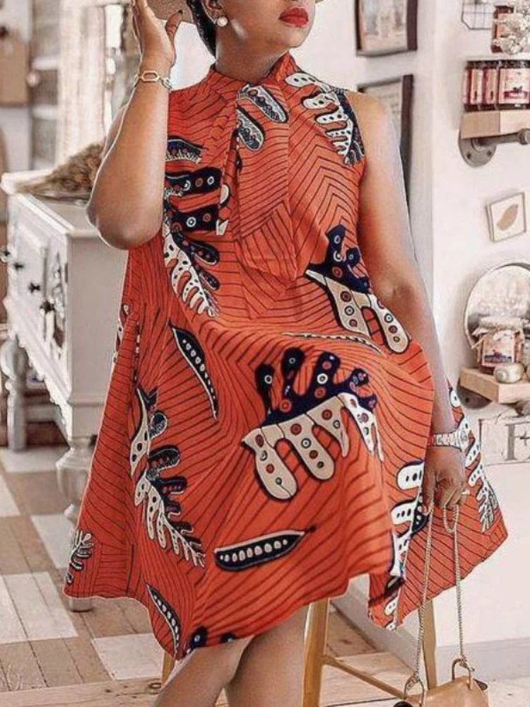 

Women Printed Loose Dresses Oversized Big Size Ladies Lace Up Sleeveless Large Casual Fashion Female Summer Elegant Ladies XXL