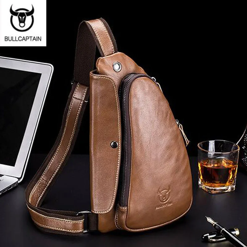 BULLCAPTAIN Leather Crossbody Bag for Men Messenger Chest Bag Casual Shoulder Strap Pack New Fashion