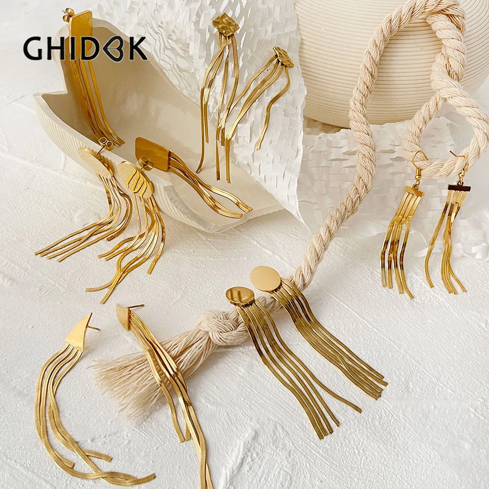 

GHIDBK Stainless Steel Long Tassel Earrings Collection 18K Gold Plated Geometric Herringbone Chain Dangling Fringe Jewelry