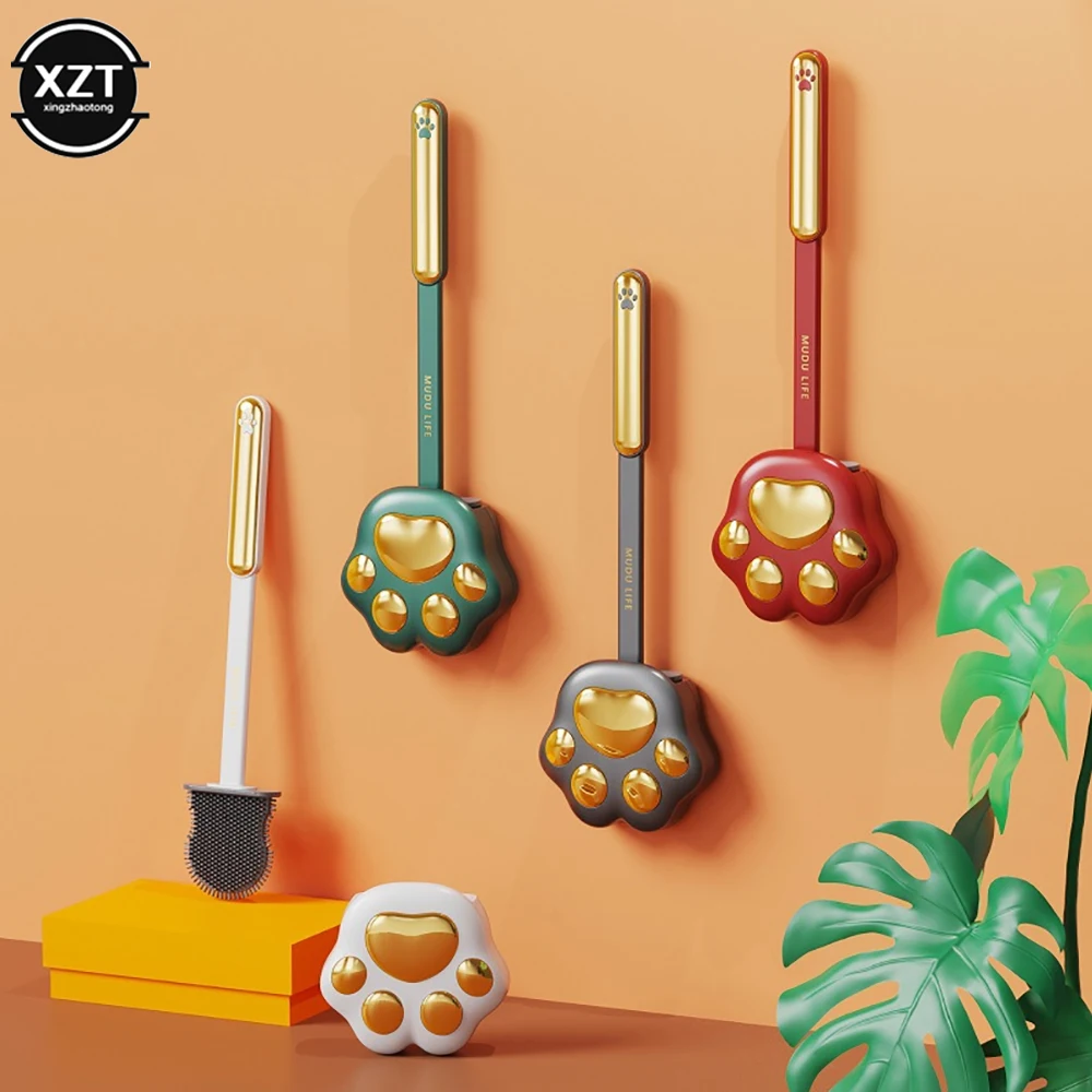 

New Cat Paw Silicone Toilet Brush Household Long Handle Soft Hair Cleaning Brush Set No Dead Angle Wall Hanging With Drying Hold