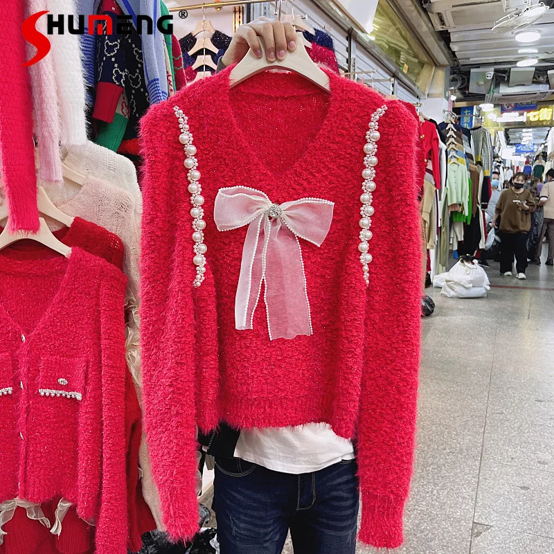 

Autumn and Winter New Diamond Beaded Bowknot Long-Sleeved Pullover Sweater Outer Wear Bright Silk Mohair V-neck Bottoming Shirt