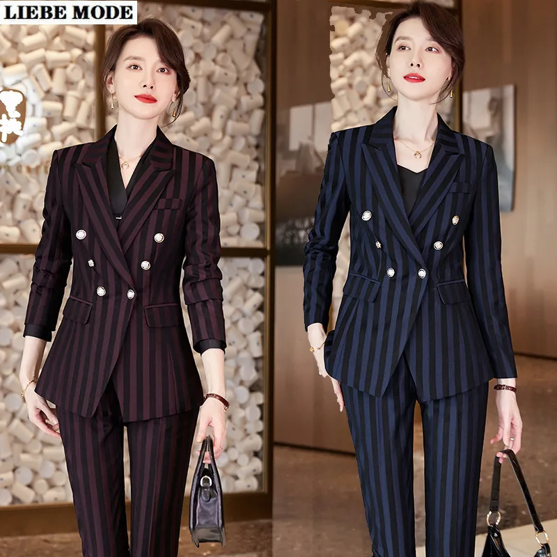 

Женский официальный комплект из 2 предметов, блейзер и брюки для женщин, Осень-зима, модная офисная одежда в синюю и красную полоску, облегающий брючный костюм