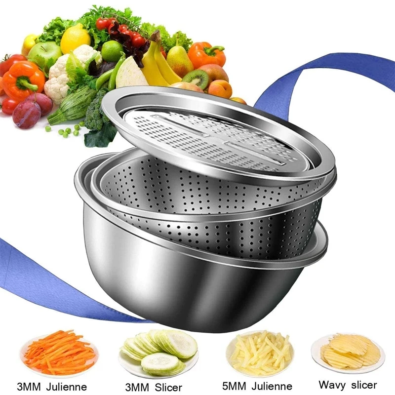 

3PCS Multifunctional Stainless Steel Basin Vegetable Cutter Set or Basin Vegetable Cutter Drain Basket Set or Cutter Only