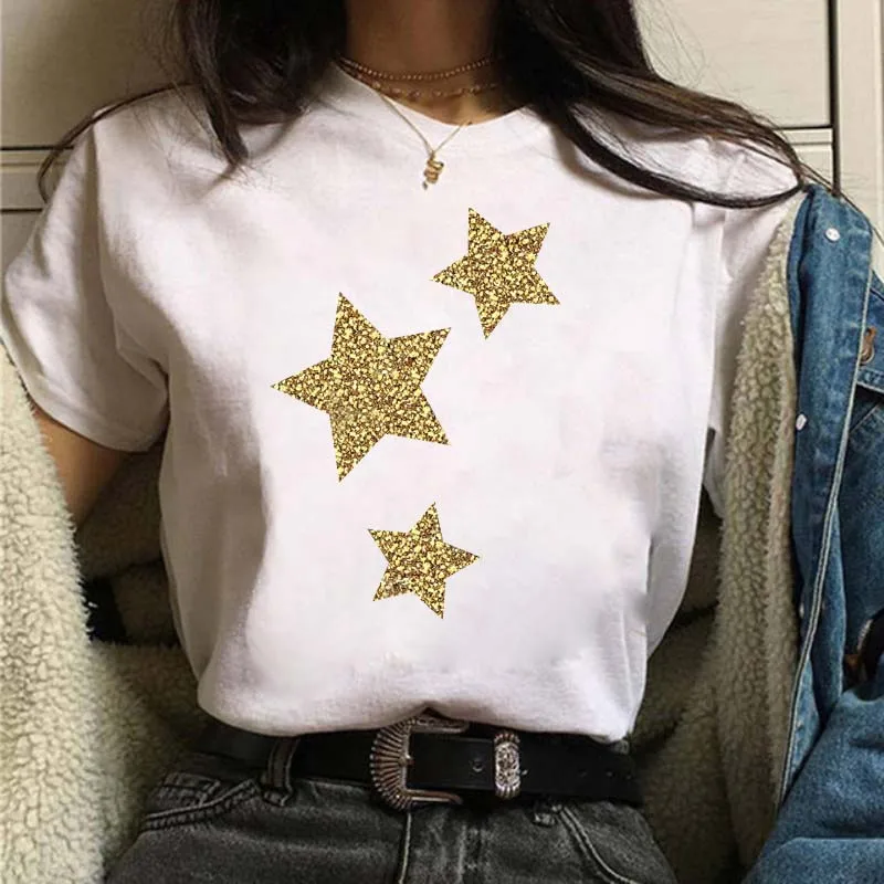 

Women Kawaii Star Geometric Printed T Shirts Cartoon Fashion Short Sleeves Clothes Print Tee Top Tshirt Female Graphic T-shirts