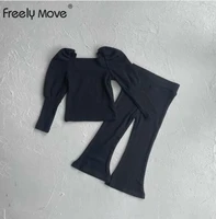freely move 2022 south korean girl leg puff sleeve solid t shirt top and stretch flared pants two piece set kids clothes girls