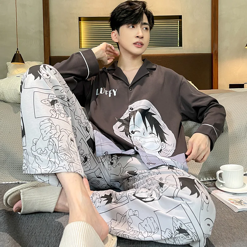 Long Sleeved Pijama for Men Autumn Home Clothes Cotton Anime Pajamas Set ONE PIECE Printed Japan Nightwear Cardigan Party Pyjama
