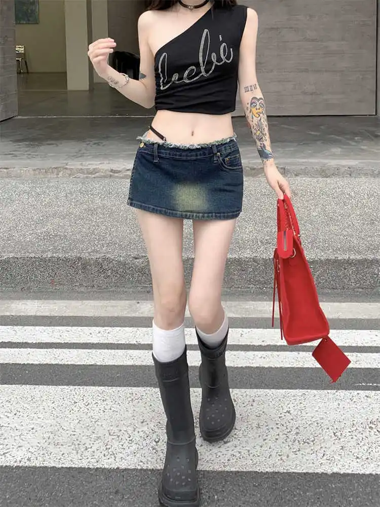 Фото Женская мини-джинсовая юбка 2000-х годов, эстетичная Harajuku, японская кокетка с низкой посадкой Gyaru, американский ретро, уличный дизайн Kpop Y2k №4
