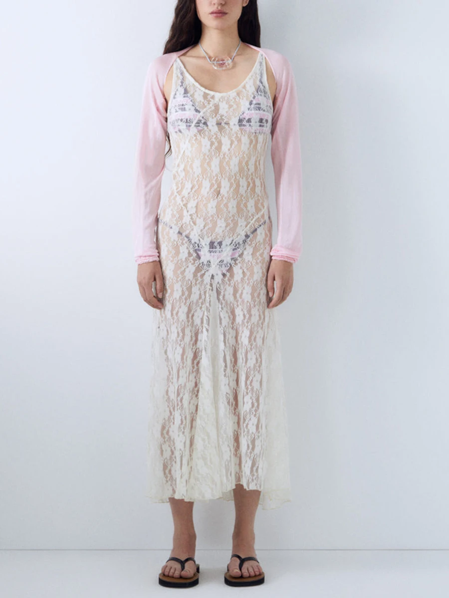 

Женское сексуальное кружевное Прозрачное платье на бретелях-спагетти с цветочным узором, прозрачная сетчатая накидка, белое вязаное крючком длинное платье с разрезом