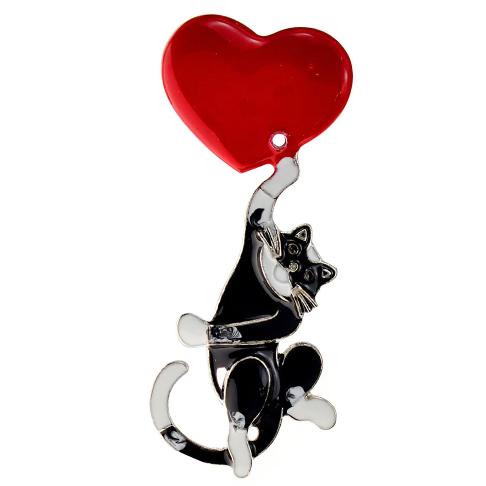 

CINDY XIANG New Arrival Black Cat And Red Heart Brooches For Women Fashion Animal Pin Cartoon Shirt Accessories High Quality