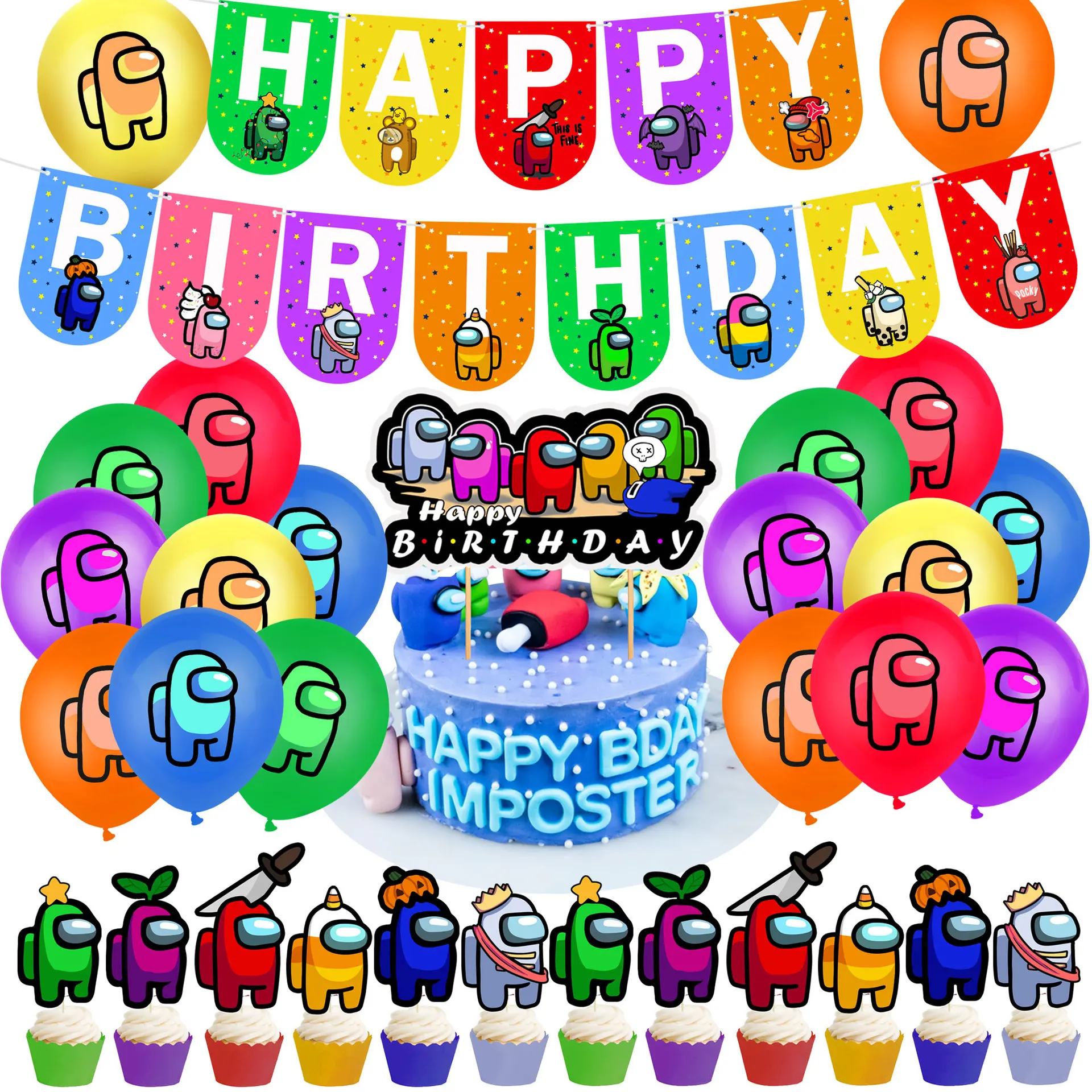 

1Set Amonged Balloons Game Party Latex Ballons Us Cake Toppers Hero Happy Birthday Banner Decoration Crewmate All Game Boy set