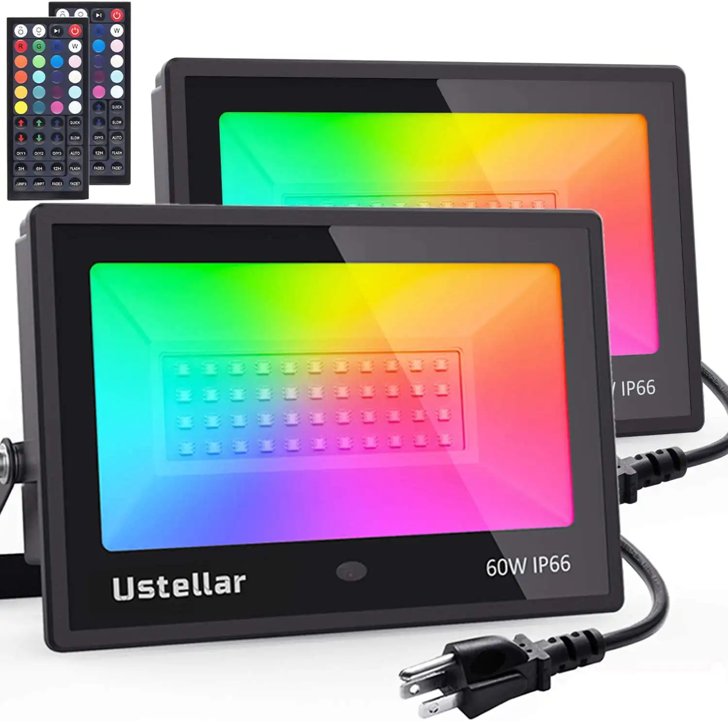 

HMTX Ustellar 2-Pack 60W Flood Lights RGB Color Changing Outdoor with Remote DIY Strobe Mode Timing Waterproof Uplight Spot Ligh