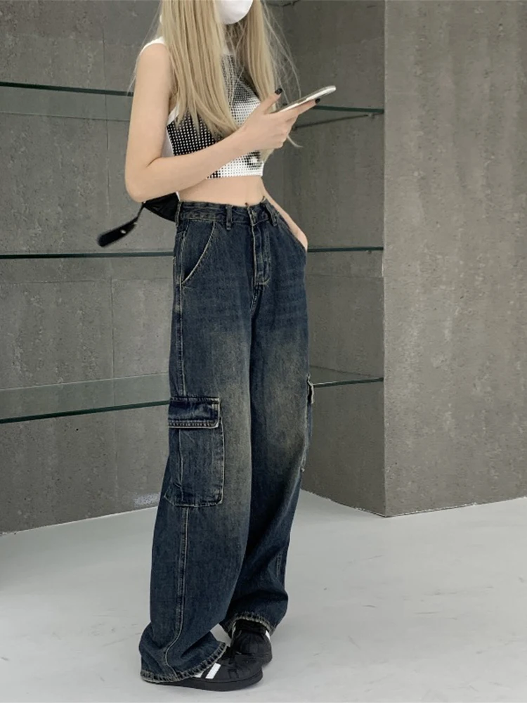 

Женские прямые джинсовые брюки в стиле ретро, свободные брюки из денима с высокой талией и широкими штанинами, осень 2022