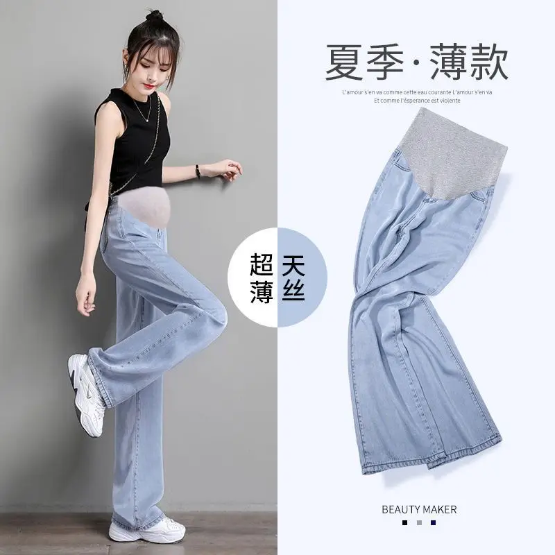 

Summer Thin Breathable Tencel Denim Maternity Jeans Wide Leg Loose Straight Belly Clothes for Pregnant Women Pregnancy Trousers