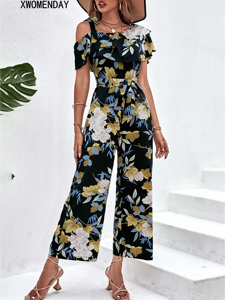 

Floral Jumpsuits Long Women Elegant Bandage Romper Casual Black Wide Leg Rompers Womens Jumpsuit Fashion One Piece Outfit 2022