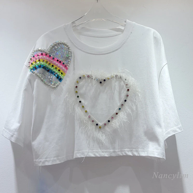 

Women's Short-Sleeved T-shirt Summer High Waist Tees 2023 New Heavy Industry Beads Sequined Love Youthful-Looking Tshirt Top