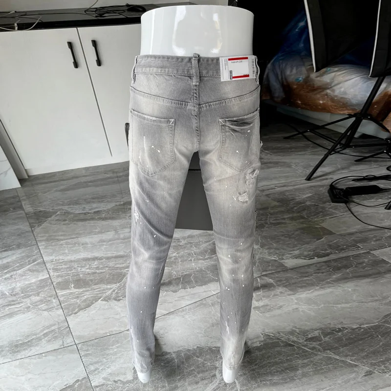 Street Fashion Men Jeans Retro Gray Stretch Elastic Slim Fit Painted Ripped Jeans Men Patch Designer Hip Hop Brand Pants Hombre