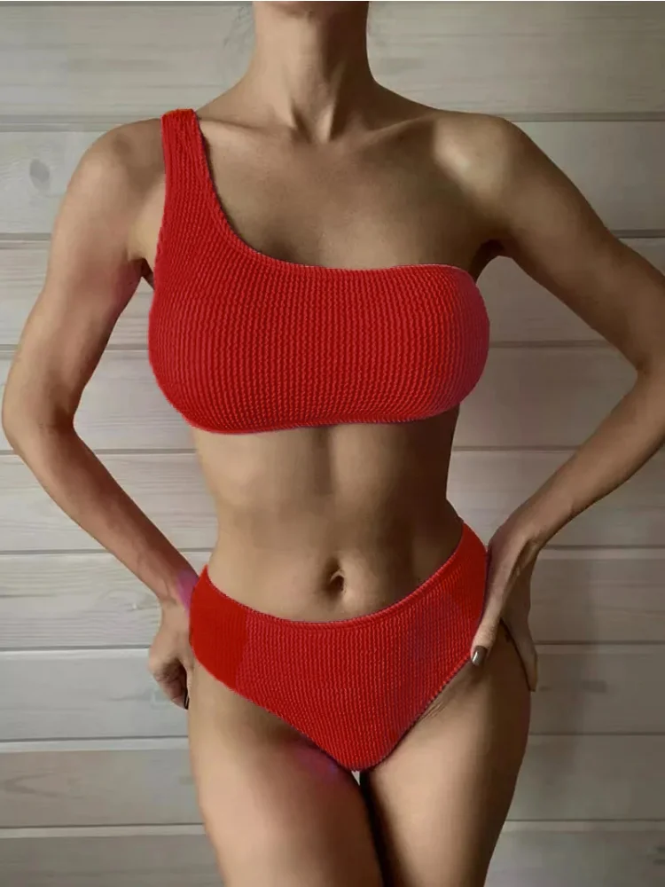 Bikini Swimwear Women Two Piece One Shoulder Design Pure Color Sport Style Summer 2023 Size S-L