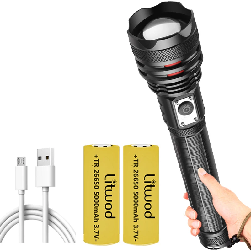 

26650 Battery Led Flashlight 1000,000LM XHP160 The Powerful Zoomable Type-C Usb Chargeable Torch Light Lantern