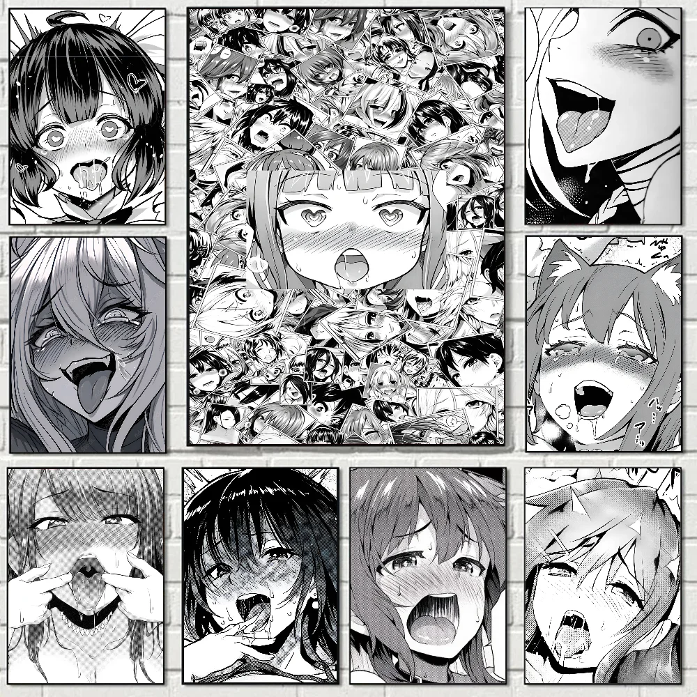 A-Ahegao Manga Girl Poster Stickers Art Wall Murals Decor Game Room Gifts HD Painting