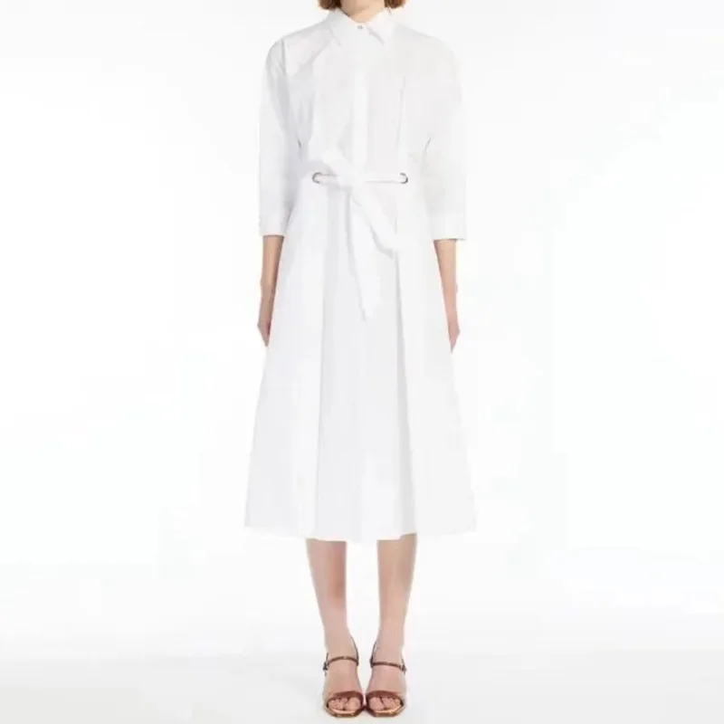 2023 Spring and Summer New Dress Women Solid Color Waist Drawstring White Seven-point Sleeve Dress