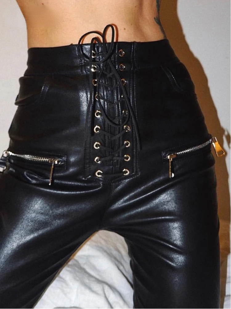 

Black Faux PU Leather Pencil Pants Lace Up High Waist Slim Skinny Streetwear Autumn Casual Trousers Women 2019 Hot Sale