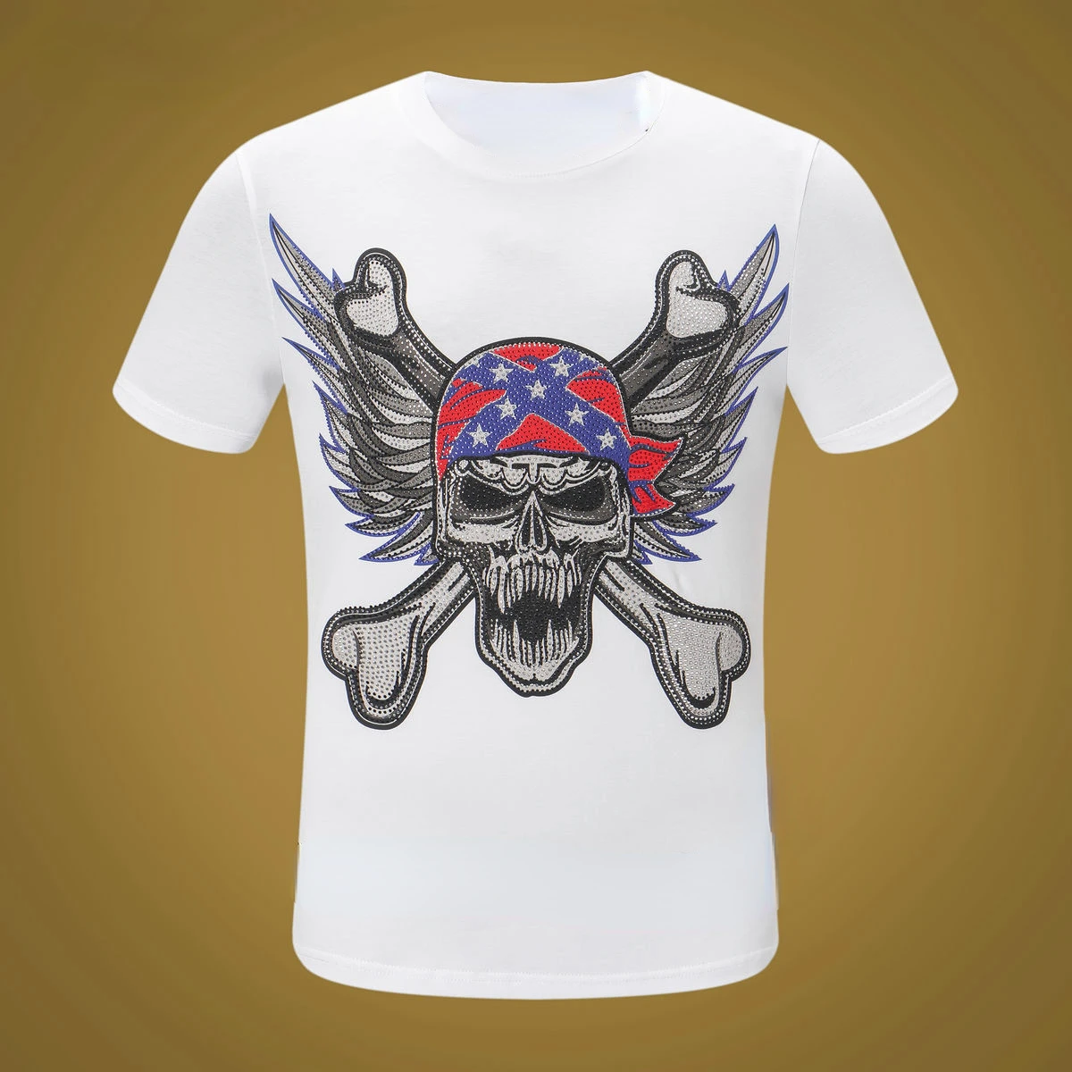 

European and American short sleeve t-shirt men's double skull color hot drill fashion pure cotton summer fashion half sleeve top
