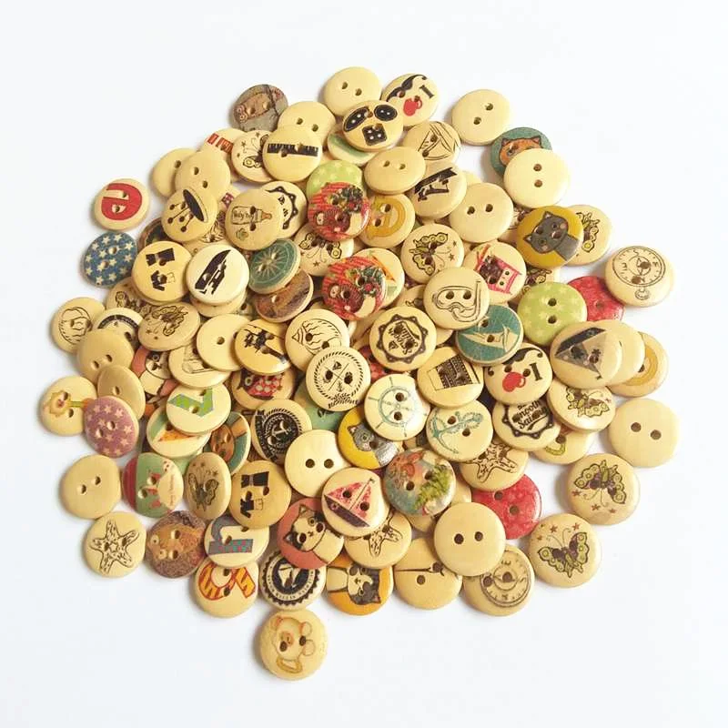 Круглые деревянные пуговицы с 2 отверстиями, 15 мм, 50/100 шт./шт.