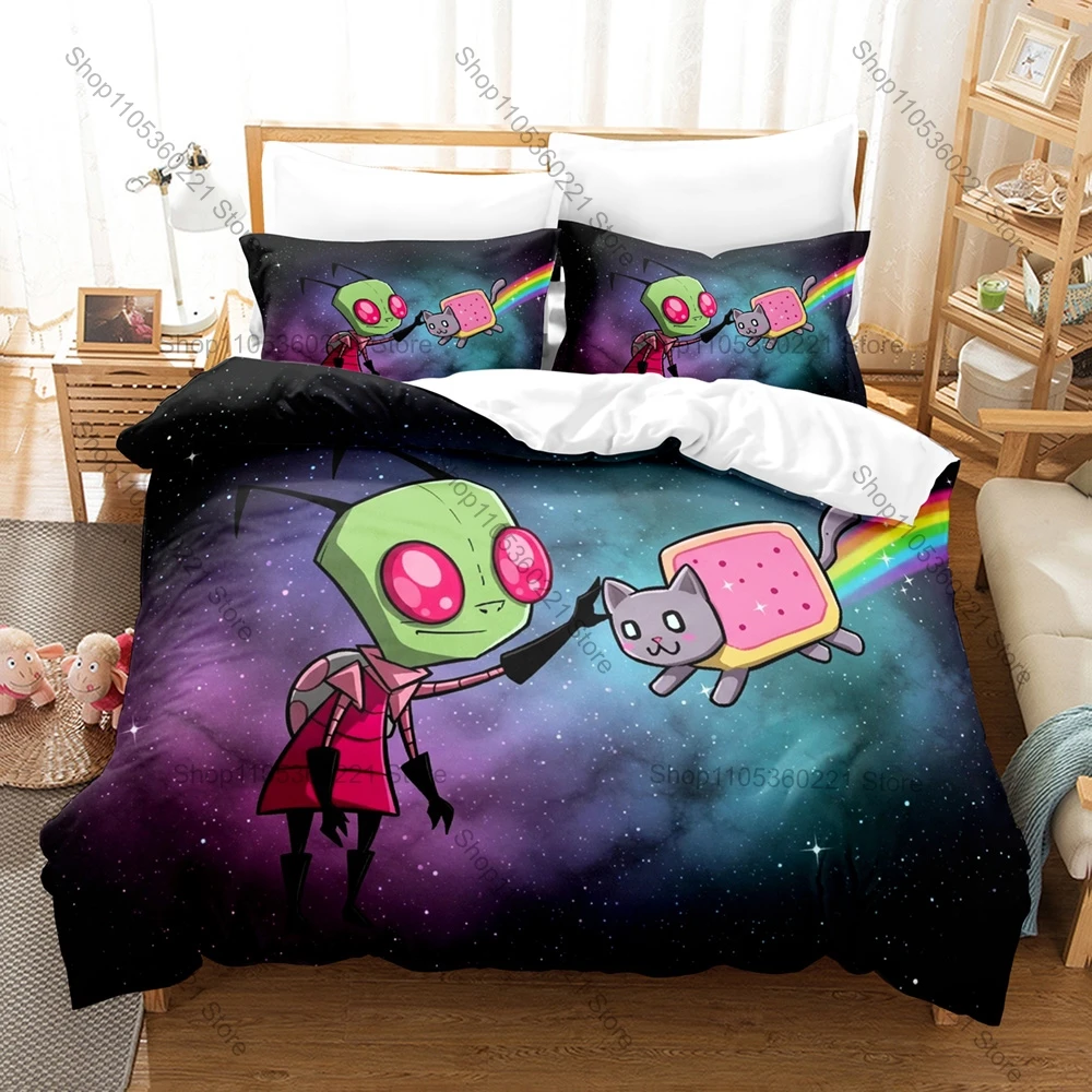 Фото Комплект постельного белья с мемом Rainbow Alien Nyan Cat: 1 пододеяльник + 2 наволочки, милый интернет-мем, мультяшный дизайн, подарок, домашний текстиль №2