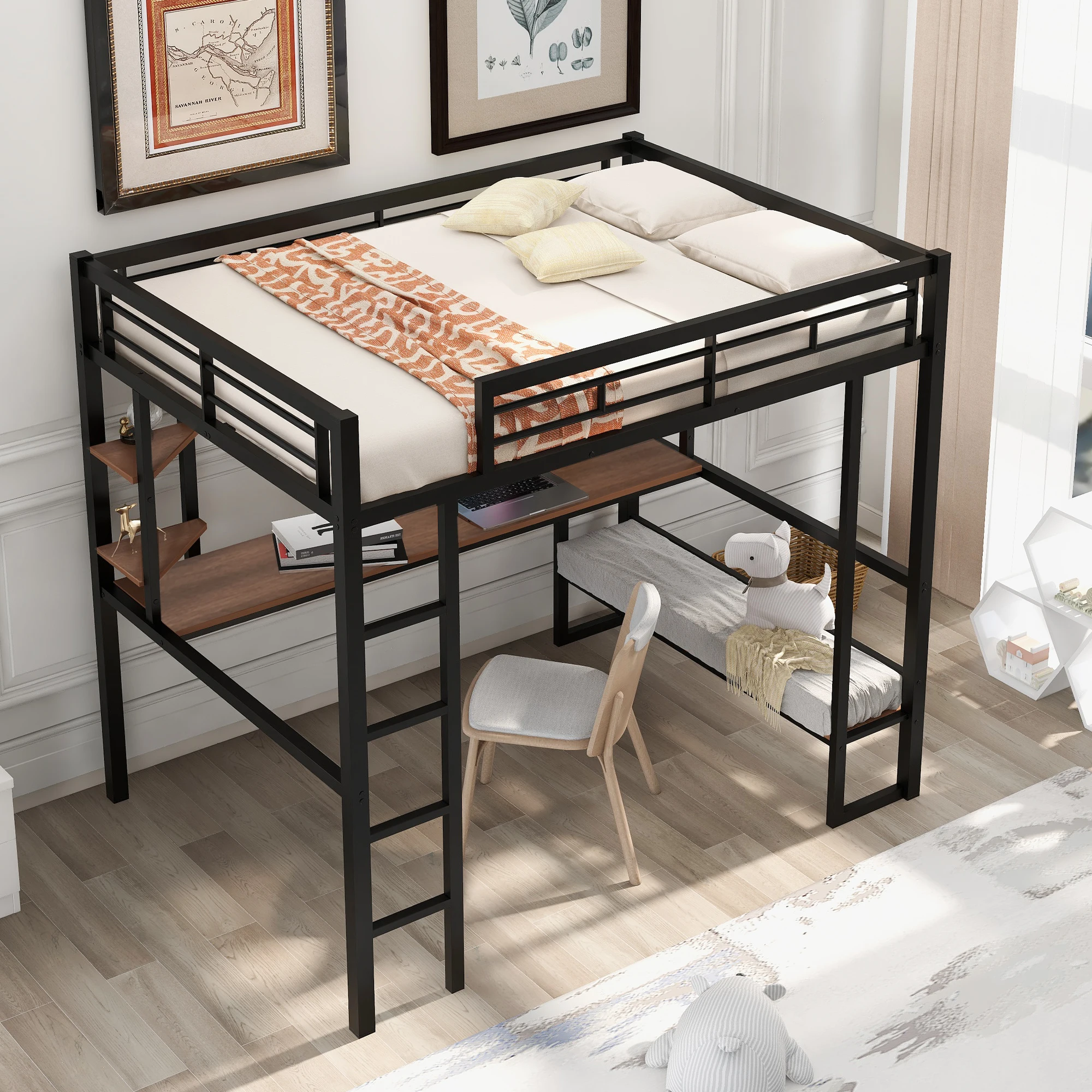 

Full Size Loft Metal&MDF Bed with Long Desk and Shelves,Black