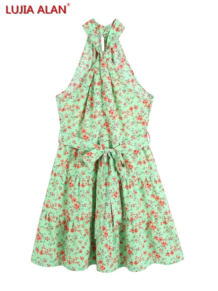 

Women Flower Printing Sashes Tiered Ruffle Halter Dress Summer Female Slim Mini Vestidos LUJIA ALAN D9667