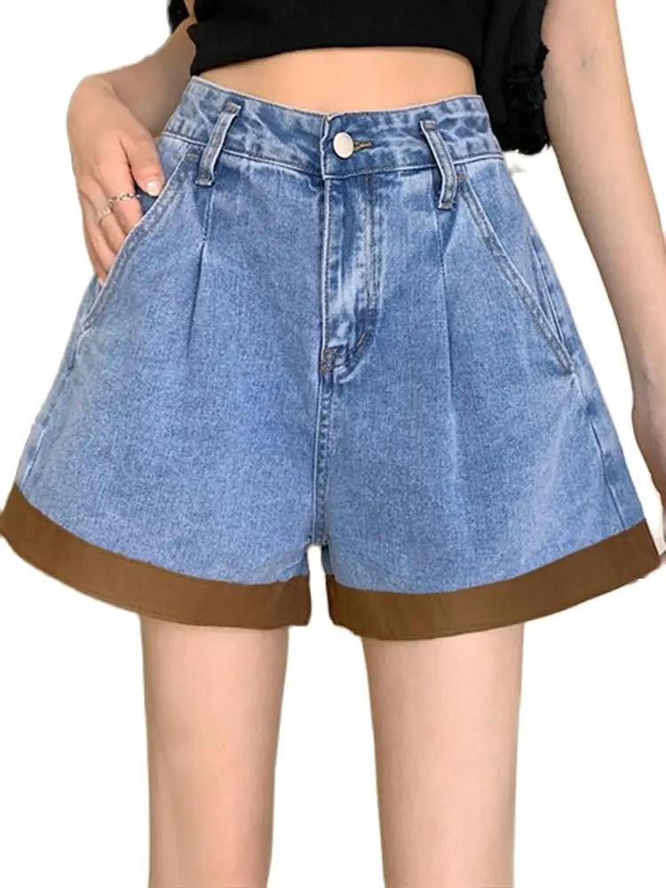 

Casual Denim Shorts 2022 Summer New High-Waisted Wide-Leg Color Matching A-Line Denim Shorts Fashion Women'S Clothing