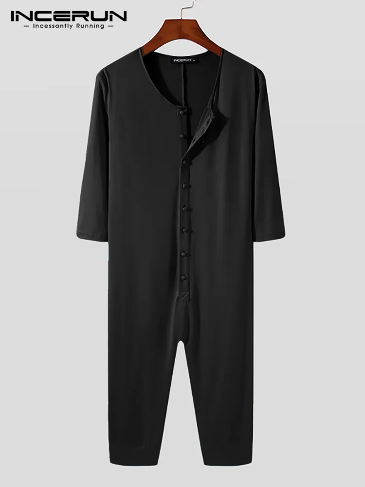 INCERUN Men Pajamas Jumpsuits Solid Color O-neck Half Sleeve Button Casual Cozy Calf Length Rompers Men Sleepwear Homewear 2023