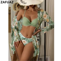 2022 women swimsuit floral twist bikini set cover up for low waist push up long sleeve three pieces swimwear beach bathing suit