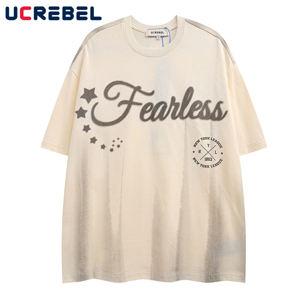 

Letter Print Short Sleeve T-shirt Mens Streetwear Casual Crew Neck Half-Sleeve Summer Tie-dye Loose Cotton Tee Men