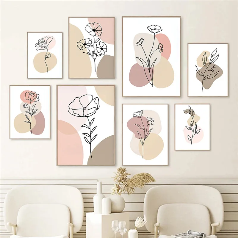 

Abstract Color Block Line Flower Leaf Minimalism Wall Art Canvas Painting Posters and Prints Wall Pictures for Living Room Decor