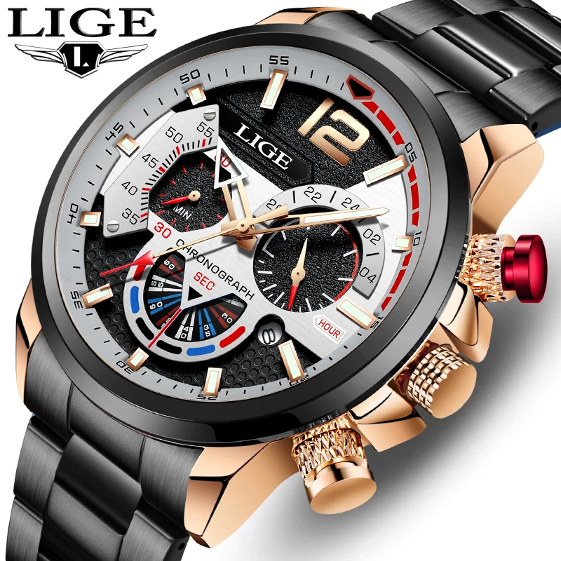 

LIGE Men's Watch Big Dial Stainless Steel Band Date Mens Business Male Watches Waterproof Luxuries Men Wrist Watches for Men