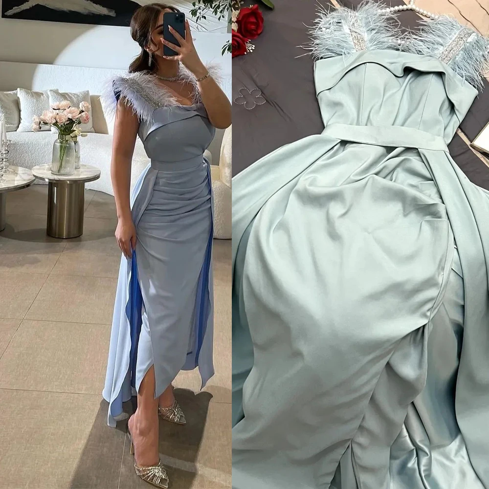 

Sleeveless Feathers Evening Dress Elegant Sheath Square Neck Ankle-Length Middle Eastern Style Prom Gown vestidos de gala