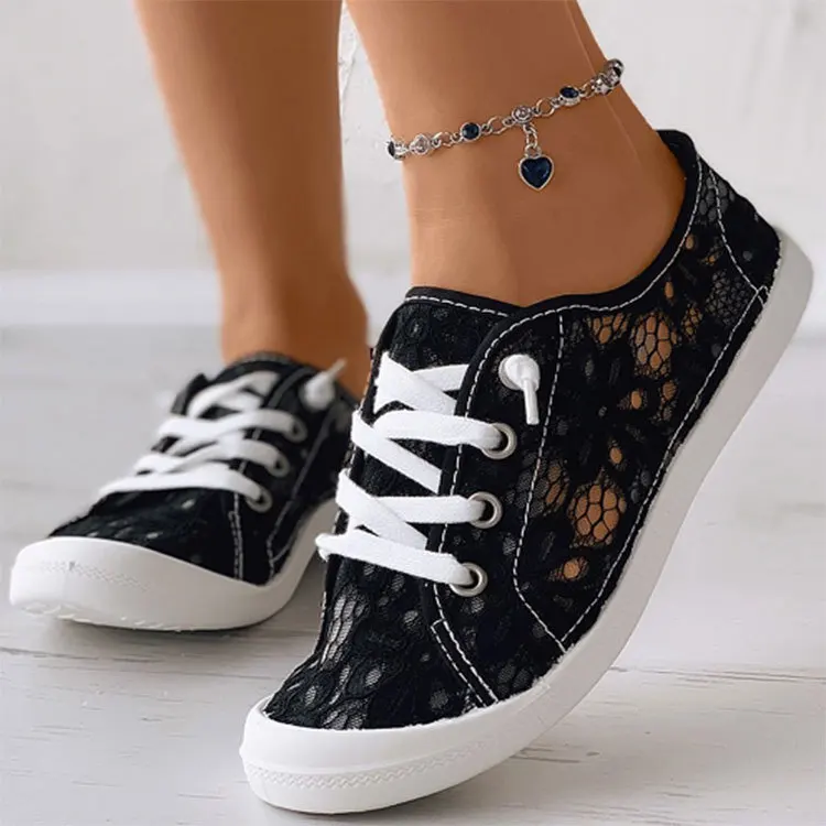

2022 Lace Hollow Out Breathable Shoes Autumn Winter Canvas Sneakers for Women Lace-Up Flats Vulcanize Shoes Zapatillas Mujer