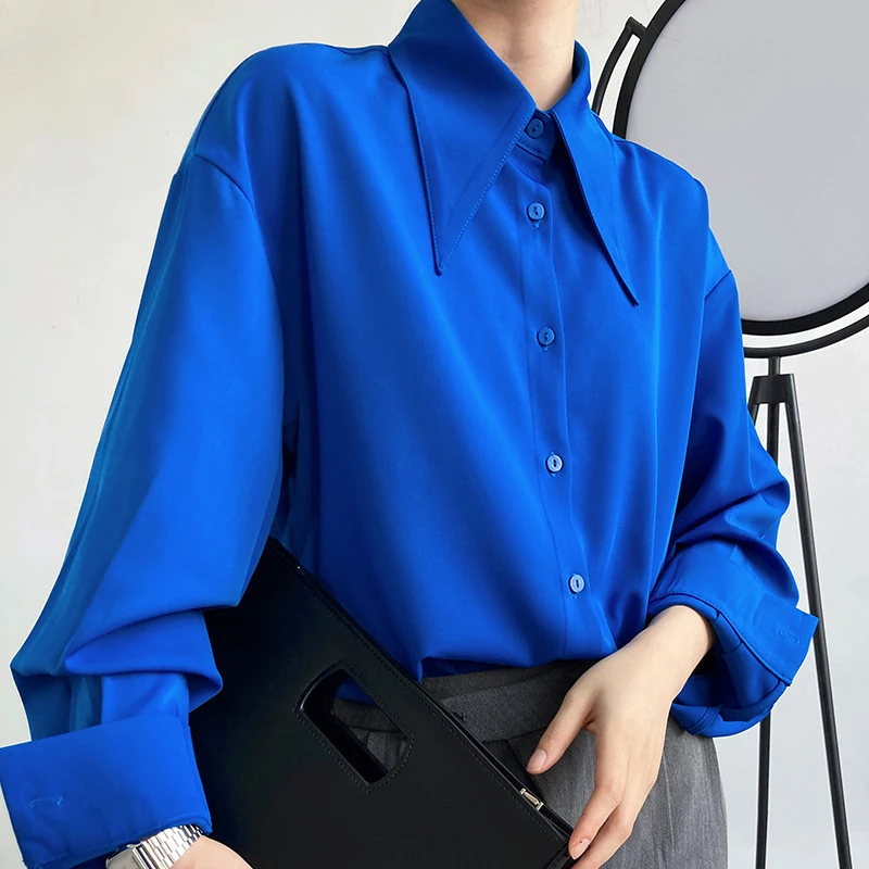 

Office Lady Women Clothes Solid Turn Down Collar White Shirt French Loose Chic Blue Blouse Fashion Elegant Button Blusas 24183