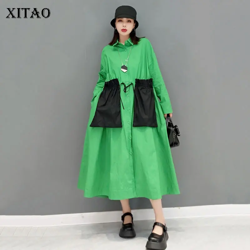 

Женское платье с большим карманом XITAO, модное повседневное длинное платье с отложным воротником и кулиской, модель WMD4481