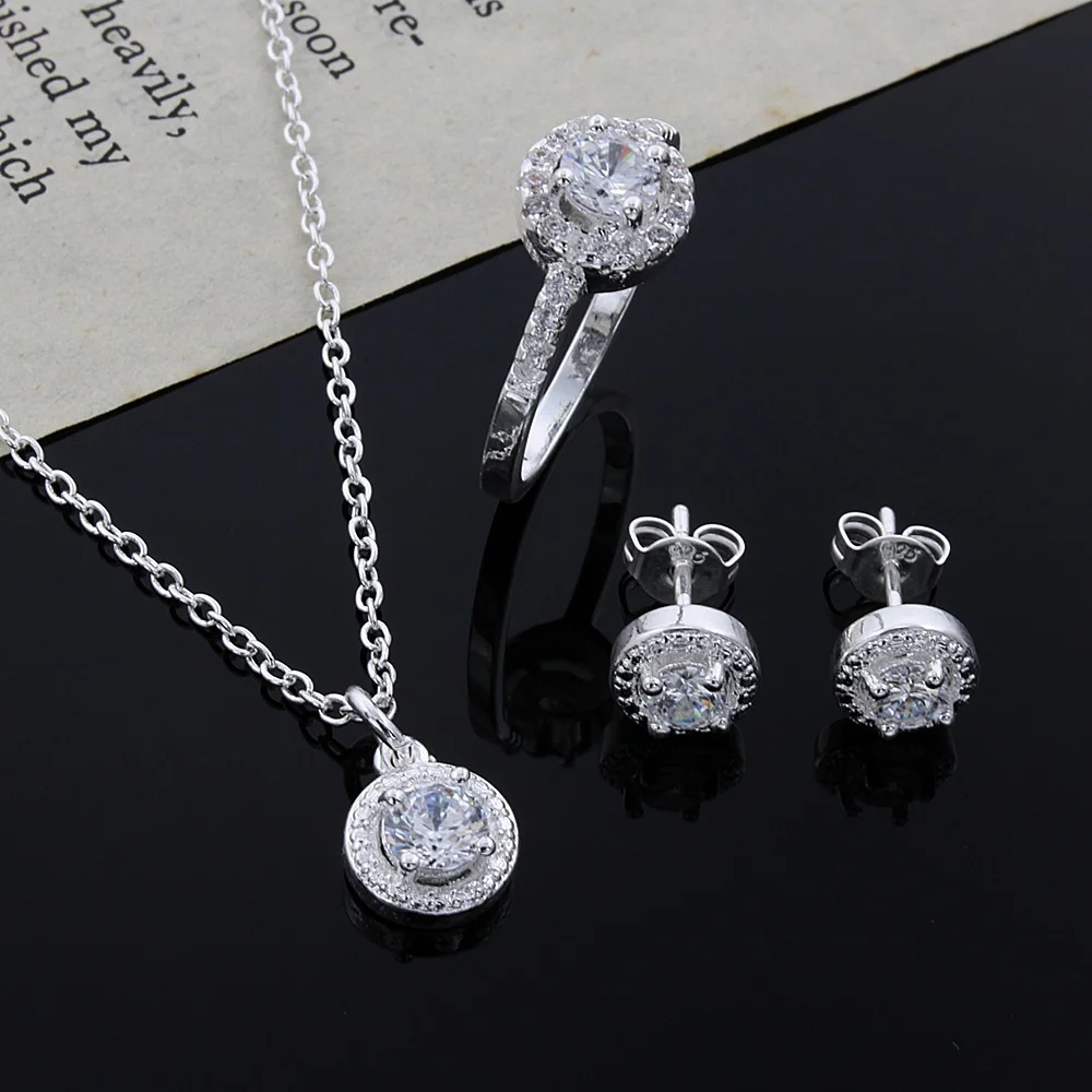 

925 Sterling Silver Jewelry sets for women 18 inches Shiny crystal pendant necklace earrings rings Fashion Party wedding Gifts