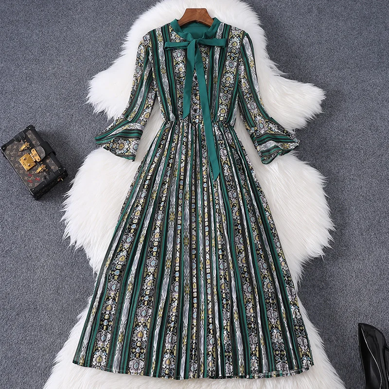 

2023 весеннее шифоновое платье с принтом Феи плиссированная юбка Европейская станция колокольчик рукав женское платье 86281 платья для женщин