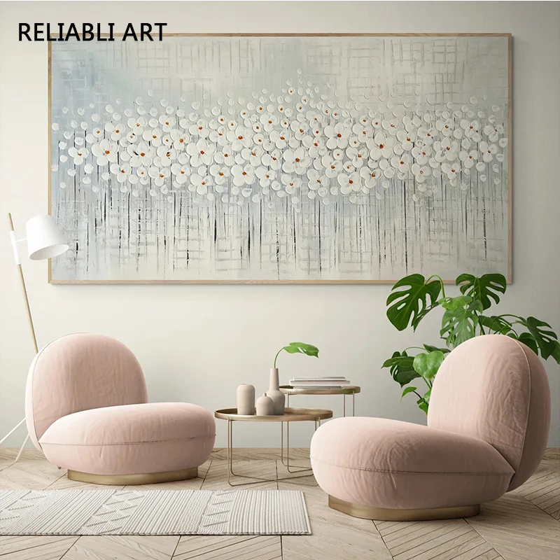 

Современная картина маслом, белые цветы, Картина на холсте, настенный плакат и принты для гостиной, Декор без рамки