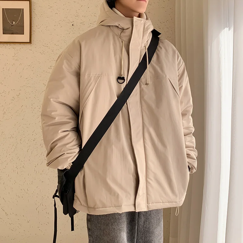 

Минималистичные мужские пальто, зимние теплые хлопковые парки с капюшоном, повседневные трендовые однотонные уличные свободные мужские пальто на шнурке