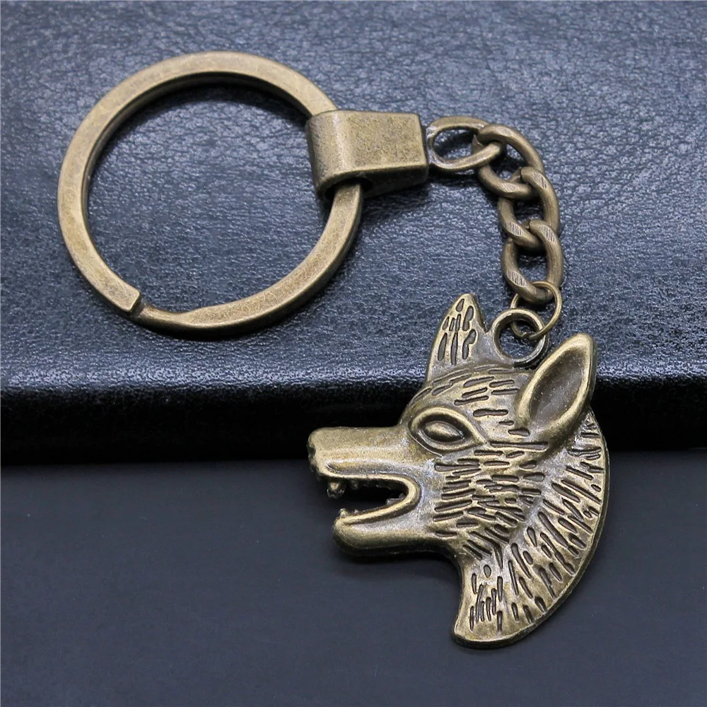 

Woemn Men Keychain DIY Metal Holder Chain Antique Bronze Color 33x29mm Wolf Head Pendant Keyring Gift